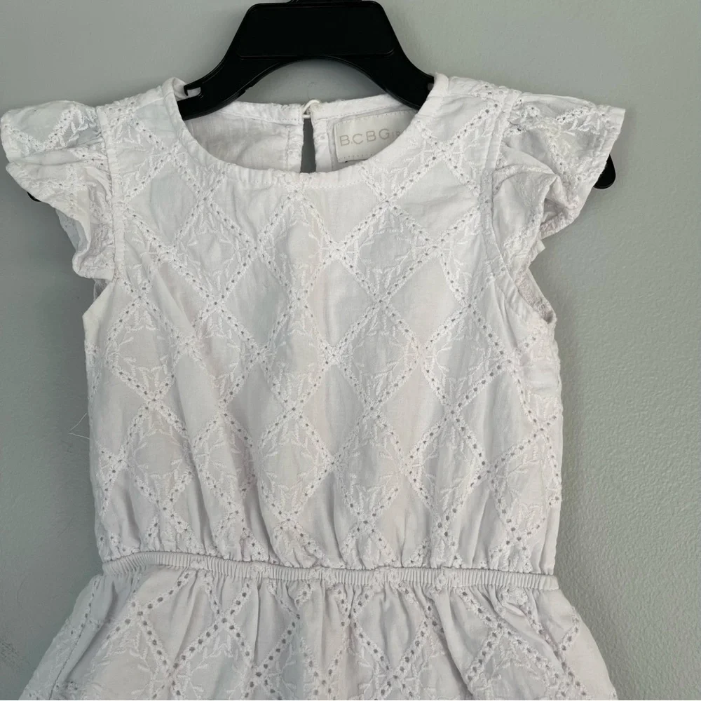 BCBGirls White Embroidered Pinafore Cotton Flutter Sleeve Dress Size 3T
